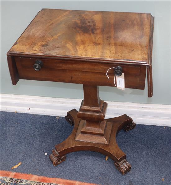 A George IV mahogany drop flap work table, on pillar and quadruple platform base W.54cm